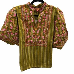 THML Faith Olive Blouse with Pink Embroidery Size S